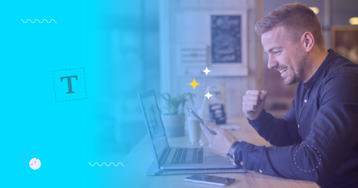 Homem vibrando com o sucesso do seu perfil no Instagram; ao fundo, elementos visuais de edição de texto e brilho sugerindo uma bio otimizada que atrai clientes.