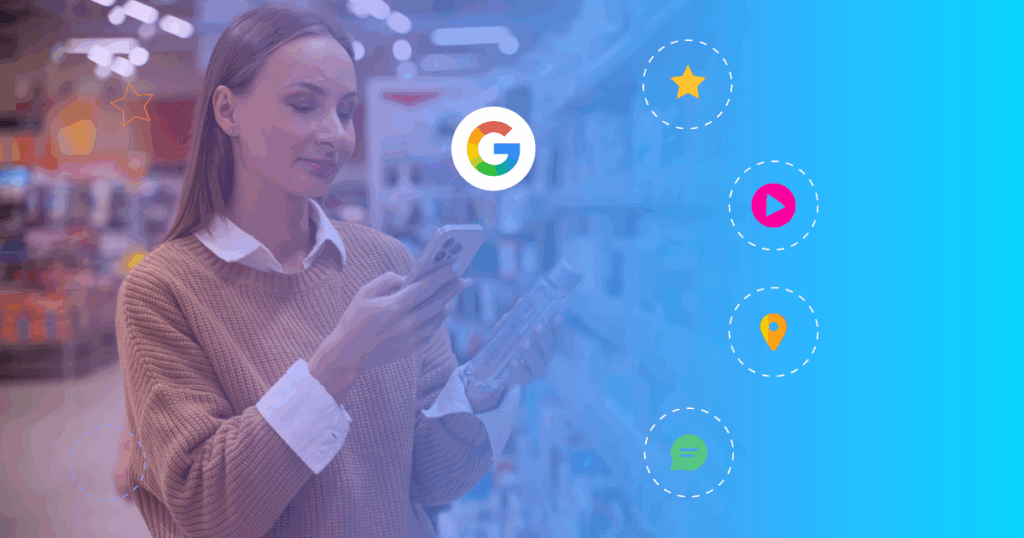 Comportamento do consumidor na jornada de compra: mulher pesquisa no celular antes de comprar produto em loja física. Ícones do Google e de redes sociais mostram a influência do digital na decisão de compra.