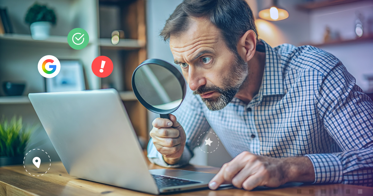 Diagnóstico completo de presença digital: um consultor investiga o desempenho de um negócio online. A imagem inclui ícones do Google, localização e avaliações com indicações de status (acerto e alerta), mostrando como identificar falhas e otimizar resultados para ganhar mais clientes.