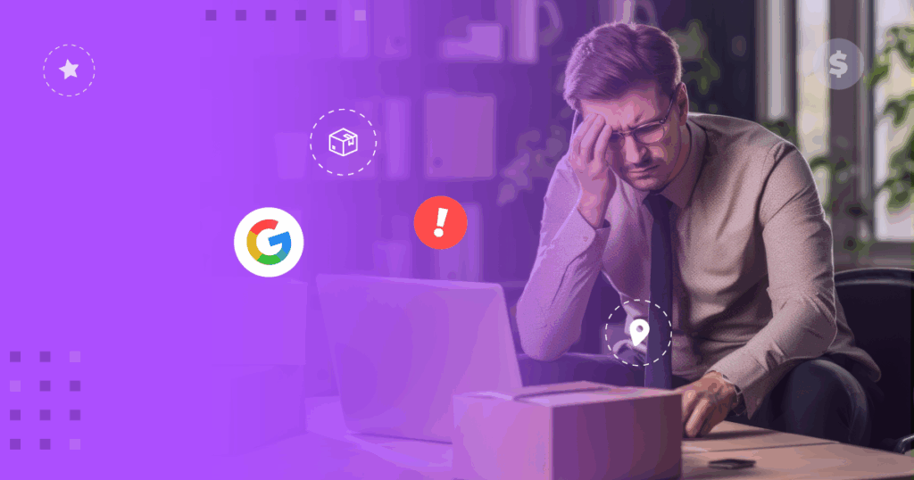 Empresário preocupado com a invisibilidade digital de sua marca. A composição visual une a frustração humana a ícones de marketing e vendas (Google, Localização, Cifrão) marcados por um aviso de alerta, reforçando os sinais de que a empresa está perdendo clientes na internet.
