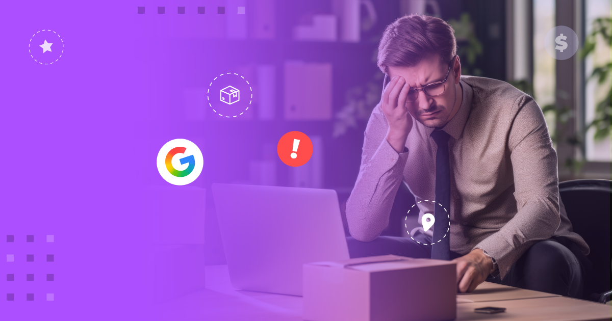 Empresário preocupado com a invisibilidade digital de sua marca. A composição visual une a frustração humana a ícones de marketing e vendas (Google, Localização, Cifrão) marcados por um aviso de alerta, reforçando os sinais de que a empresa está perdendo clientes na internet.