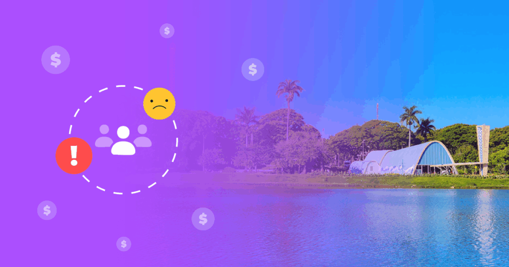 O guia de presença digital local em Belo Horizonte: imagem ilustrativa que une a icônica Lagoa da Pampulha a sinais visuais de alerta sobre a perda de clientes. Simboliza como as empresas de BH podem identificar falhas em sua estratégia para evitar a concorrência e atrair mais consumidores na região.