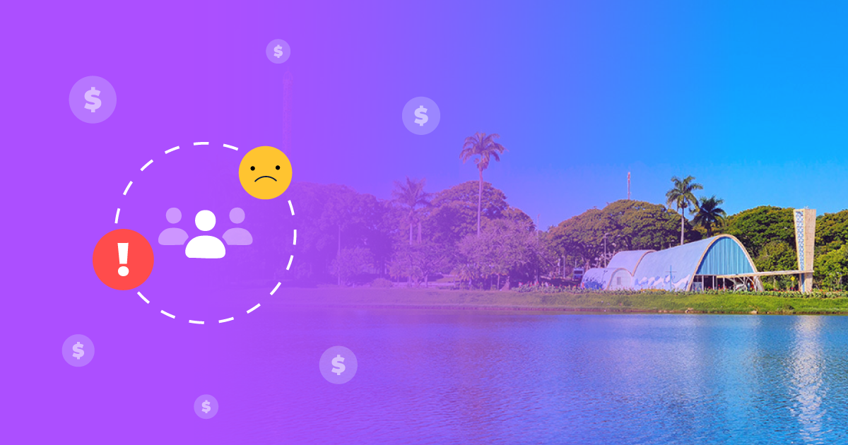 O guia de presença digital local em Belo Horizonte: imagem ilustrativa que une a icônica Lagoa da Pampulha a sinais visuais de alerta sobre a perda de clientes. Simboliza como as empresas de BH podem identificar falhas em sua estratégia para evitar a concorrência e atrair mais consumidores na região.
