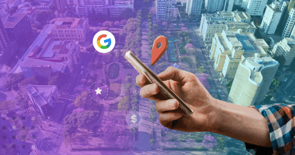 O segredo para o topo do Google Maps em Belo Horizonte: imagem ilustrativa que une a icônica Praça da Liberdade a uma mão com smartphone pesquisando. Ícones do Google e um pin de localização mostram como sua empresa pode ser a primeira opção para clientes que buscam na capital mineira.