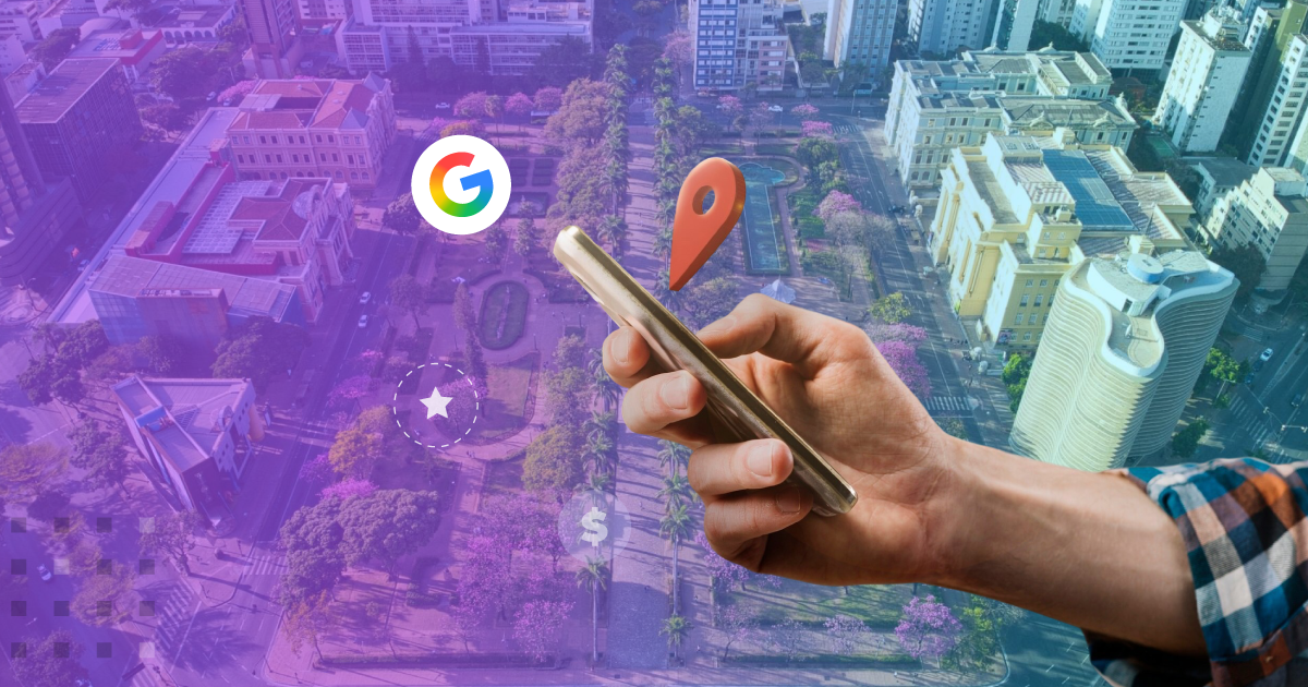 O segredo para o topo do Google Maps em Belo Horizonte: imagem ilustrativa que une a icônica Praça da Liberdade a uma mão com smartphone pesquisando. Ícones do Google e um pin de localização mostram como sua empresa pode ser a primeira opção para clientes que buscam na capital mineira.