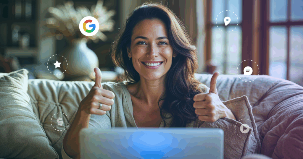Empreendedora de sucesso comemora sua presença digital integrada. A imagem ilustra como uma estratégia que inclui o Google, avaliações de clientes e conteúdo multimídia gera satisfação e evita a perda de clientes.