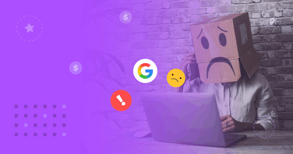 Empreendedor frustrado por não converter vendas no Google. A pessoa com uma caixa na cabeça simboliza uma marca que "aparece mas não conecta". Design moderno com ícones de busca e notificações de erro.