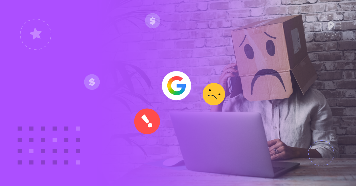 Empreendedor frustrado por não converter vendas no Google. A pessoa com uma caixa na cabeça simboliza uma marca que "aparece mas não conecta". Design moderno com ícones de busca e notificações de erro.