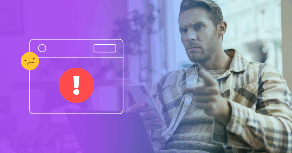 Por que seu site não vende: imagem de homem frustrado com o desempenho digital. Ícone de navegador com sinal de erro e alerta vermelho destacam falhas estratégicas em sites que afastam clientes.