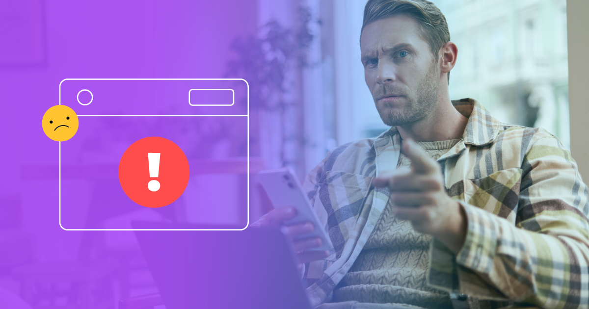 Por que seu site não vende: imagem de homem frustrado com o desempenho digital. Ícone de navegador com sinal de erro e alerta vermelho destacam falhas estratégicas em sites que afastam clientes.