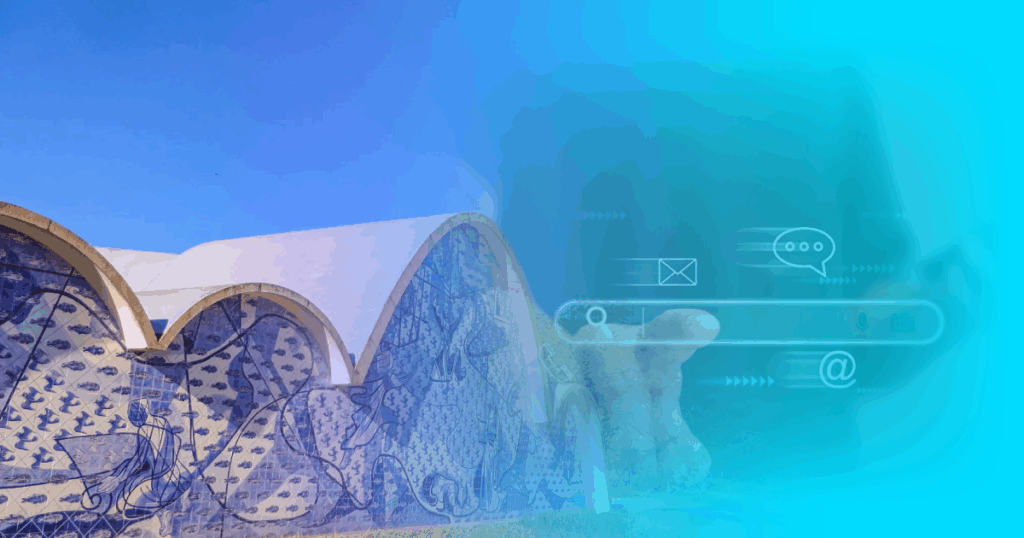O guia da presença digital local em Belo Horizonte: imagem ilustrativa que une a icônica Igreja da Pampulha a uma barra de pesquisa digital. Simboliza como as empresas de BH podem ser encontradas pelos consumidores que buscam informações online antes de tomar uma decisão de compra na região.