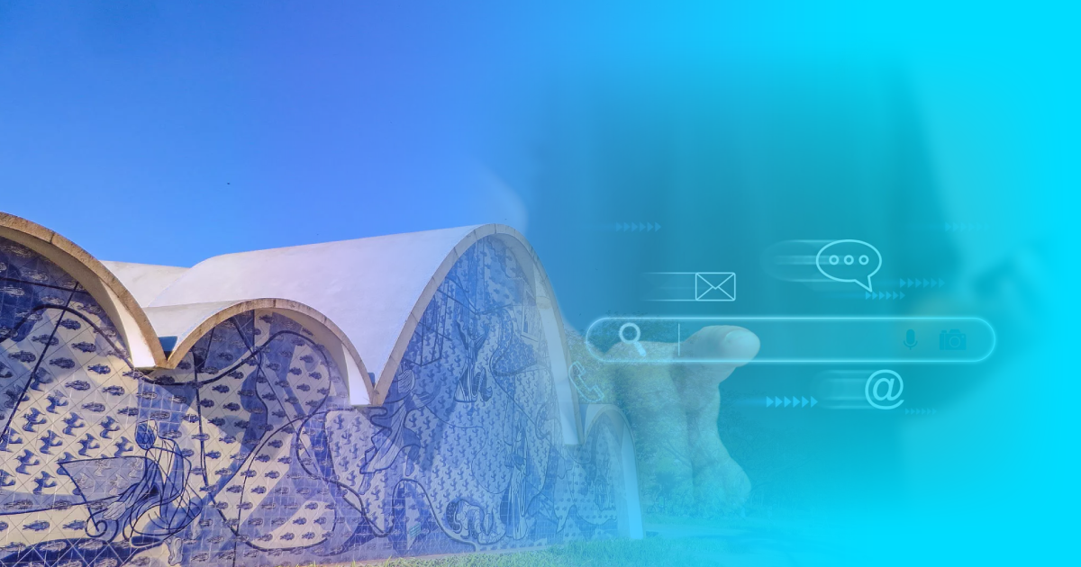 O guia da presença digital local em Belo Horizonte: imagem ilustrativa que une a icônica Igreja da Pampulha a uma barra de pesquisa digital. Simboliza como as empresas de BH podem ser encontradas pelos consumidores que buscam informações online antes de tomar uma decisão de compra na região.