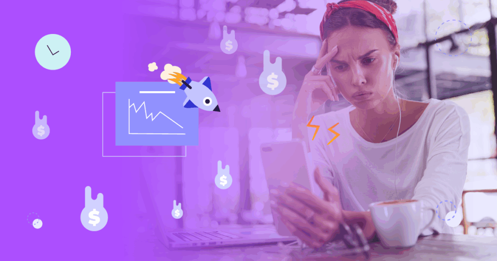 Mulher preocupada analisando métricas de tráfego pago no celular. Elementos gráficos mostram um gráfico em declínio e dinheiro sendo perdido, ilustrando o erro em anúncios online.